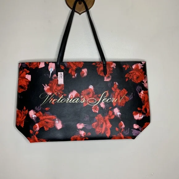 Victoria’s Secret | Large Black Leather Red & Pink Floral Tote Bag  Romantic NWT - Picture 7 of 8